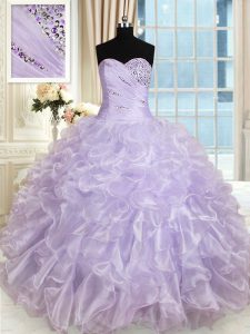Sweet Lavender Lace Up Vestidos de Quinceanera Beading and Ruffles Sleeveless Floor Length