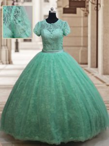 Romantic Apple Green Lace Zipper Scoop Short Sleeves Floor Length Sweet 16 Dress Lace