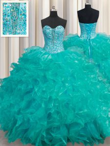 Sexy Turquoise Sleeveless Beading and Ruffles Floor Length 15 Quinceanera Dress