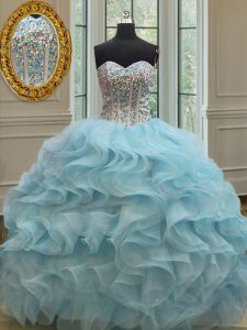 Luxury Sequins Floor Length Light Blue Quinceanera Dress Sweetheart Sleeveless Lace Up