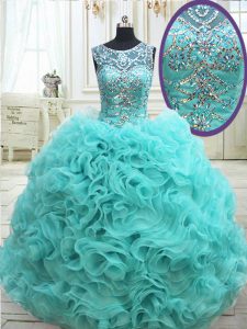 See Through Fabric with Rolling Flowers Aqua Blue Scoop Neckline Beading Quinceanera Dress Sleeveless Lace Up