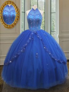 Dazzling See Through Ball Gowns Quince Ball Gowns Royal Blue High-neck Tulle Sleeveless Floor Length Lace Up