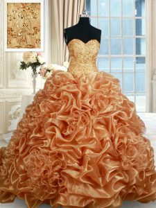 Fantastic Sleeveless Brush Train Beading and Ruffles and Pick Ups Lace Up Quinceanera Dresses