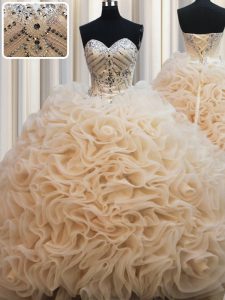Champagne Sleeveless Fabric With Rolling Flowers Brush Train Lace Up Vestidos de Quinceanera for Military Ball and Sweet