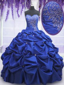 Lovely Sleeveless Taffeta Floor Length Lace Up Quinceanera Gowns in Royal Blue with Beading and Pick Ups