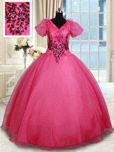 Coral Red V-neck Lace Up Beading Ball Gown Prom Dress Short Sleeves