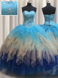 Elegant Multi-color Ball Gowns Sweetheart Sleeveless Tulle Floor Length Lace Up Beading and Ruffles Quinceanera Gown