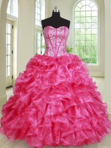 Eye-catching Sweetheart Sleeveless Lace Up Sweet 16 Dresses Hot Pink Organza