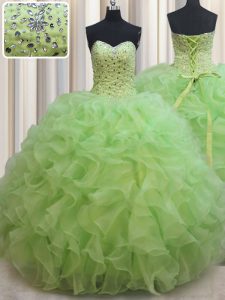 Classical Yellow Green Lace Up Sweetheart Beading and Ruffles 15 Quinceanera Dress Organza Sleeveless