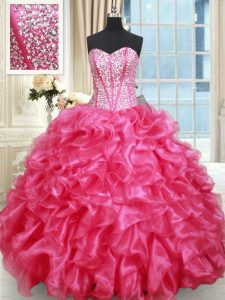 Organza Sweetheart Sleeveless Lace Up Beading and Ruffled Layers Sweet 16 Quinceanera Dress in Hot Pink