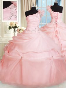 Free and Easy Pink Quinceanera Gowns Military Ball and Sweet 16 and Quinceanera and For with Beading and Hand Made Flowe