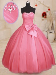 Beading and Bowknot Quince Ball Gowns Pink Lace Up Sleeveless Floor Length