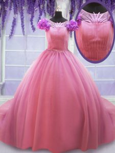 Scoop Tulle Cap Sleeves Sweet 16 Dress Court Train and Beading and Hand Made Flower