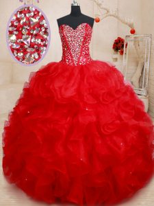 Romantic Red Sweetheart Lace Up Beading and Ruffles 15 Quinceanera Dress Sleeveless