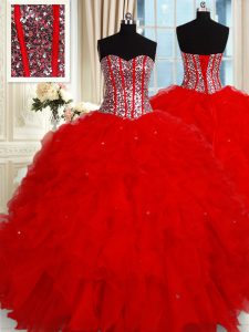 Red Sleeveless Floor Length Ruffles and Sequins Lace Up 15 Quinceanera Dress
