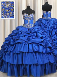 Royal Blue Lace Up Sweetheart Beading and Ruffled Layers and Pick Ups 15th Birthday Dress Taffeta Sleeveless Brush Train