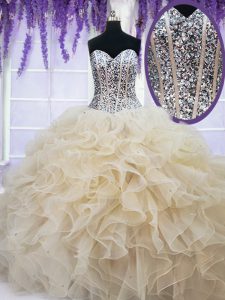 Champagne Lace Up Quinceanera Gowns Beading and Ruffles Sleeveless Floor Length