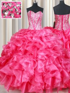 Simple Hot Pink Sweetheart Lace Up Beading and Ruffles Sweet 16 Dresses Sleeveless
