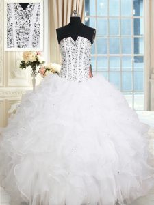 White Ball Gowns Beading and Ruffles Quince Ball Gowns Lace Up Organza Sleeveless Floor Length