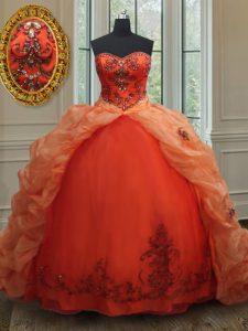 Vintage Sleeveless Organza With Brush Train Lace Up Ball Gown Prom Dress in Orange Red with Beading and Embroidery and P