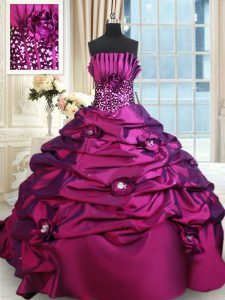Custom Design Purple Sleeveless Brush Train Beading and Sequins Sweet 16 Quinceanera Dress