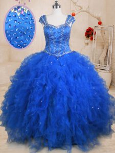 Tulle Straps Cap Sleeves Lace Up Beading and Ruffles 15 Quinceanera Dress in Blue