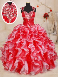 Eye-catching Floor Length White and Red Ball Gown Prom Dress Straps Sleeveless Lace Up