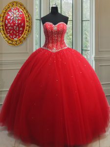 Tulle Sweetheart Sleeveless Lace Up Beading Sweet 16 Quinceanera Dress in Red