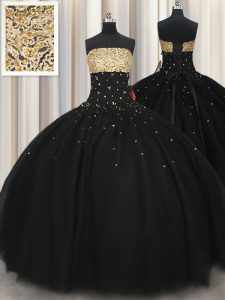 Pretty Floor Length Ball Gowns Sleeveless Black Quinceanera Gowns Lace Up
