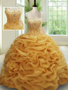 Ideal Straps Pick Ups Gold Sleeveless Organza Brush Train Zipper Sweet 16 Quinceanera Dress for Military Ball and Sweet 