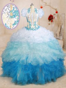 Chic With Train Multi-color Sweet 16 Dresses Organza Brush Train Sleeveless Beading and Appliques and Ruffles