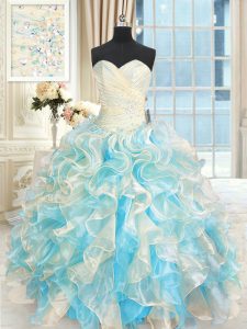 Sleeveless Floor Length Beading and Ruffles Lace Up Quince Ball Gowns with Multi-color