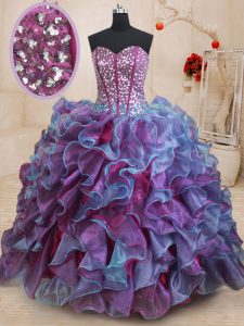 Discount Sequins Multi-color Sleeveless Organza Lace Up Quinceanera Gowns for Military Ball and Sweet 16 and Quinceanera