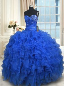 Royal Blue Sleeveless Floor Length Beading and Ruffles Lace Up Quinceanera Dresses