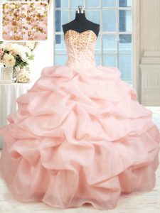 Baby Pink Sleeveless Floor Length Beading and Embroidery and Pick Ups Lace Up Ball Gown Prom Dress
