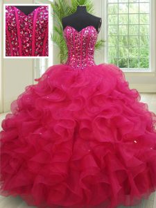 Affordable Sleeveless Organza Floor Length Lace Up 15th Birthday Dress in Fuchsia with Beading and Ruffles