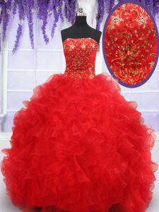 Red Sleeveless Organza Lace Up Quinceanera Dresses for Military Ball and Sweet 16 and Quinceanera