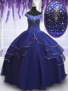 Hot Sale Royal Blue Off The Shoulder Neckline Beading and Ruffled Layers and Sequins Ball Gown Prom Dress Sleeveless Lac