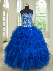 Clearance Organza Sweetheart Sleeveless Lace Up Beading and Ruffles Quinceanera Gown in Royal Blue