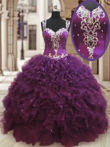 Sweet Straps Floor Length Zipper Sweet 16 Quinceanera Dress Dark Purple for Military Ball and Sweet 16 and Quinceanera w