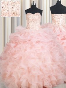 Baby Pink Organza Lace Up Sweetheart Sleeveless Floor Length 15 Quinceanera Dress Beading and Ruffles