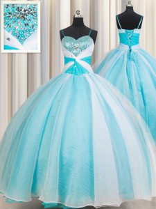 Classical White and Blue Sleeveless Beading Floor Length Quinceanera Dress