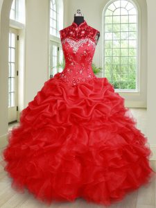 Flare See Through Red High-neck Neckline Beading and Ruffles and Pick Ups Quinceanera Dress Sleeveless Lace Up