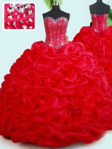 Sleeveless Organza Court Train Lace Up Ball Gown Prom Dress in Red with Beading and Pick Ups