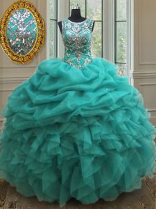 Captivating Scoop See Through Organza Sleeveless Floor Length 15 Quinceanera Dress and Beading and Ruffles and Pick Ups