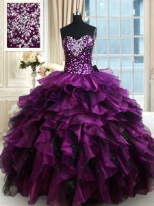 Purple Sleeveless Beading and Ruffles and Ruffled Layers and Sequins Floor Length Sweet 16 Dress