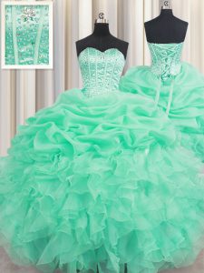 Chic Sleeveless Beading and Ruffles and Pick Ups Lace Up Quince Ball Gowns