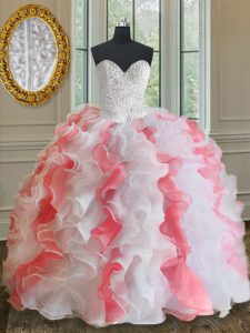 Pink And White Sleeveless Beading and Ruffles Floor Length Quinceanera Gowns