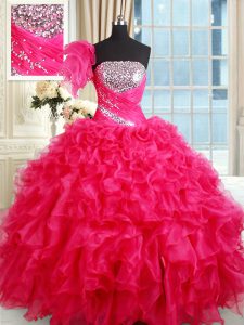 Beauteous Organza Strapless Sleeveless Lace Up Sequins Sweet 16 Dresses in Hot Pink