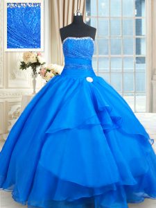 Blue Sleeveless Court Train Beading and Lace and Sequins Floor Length Sweet 16 Dresses